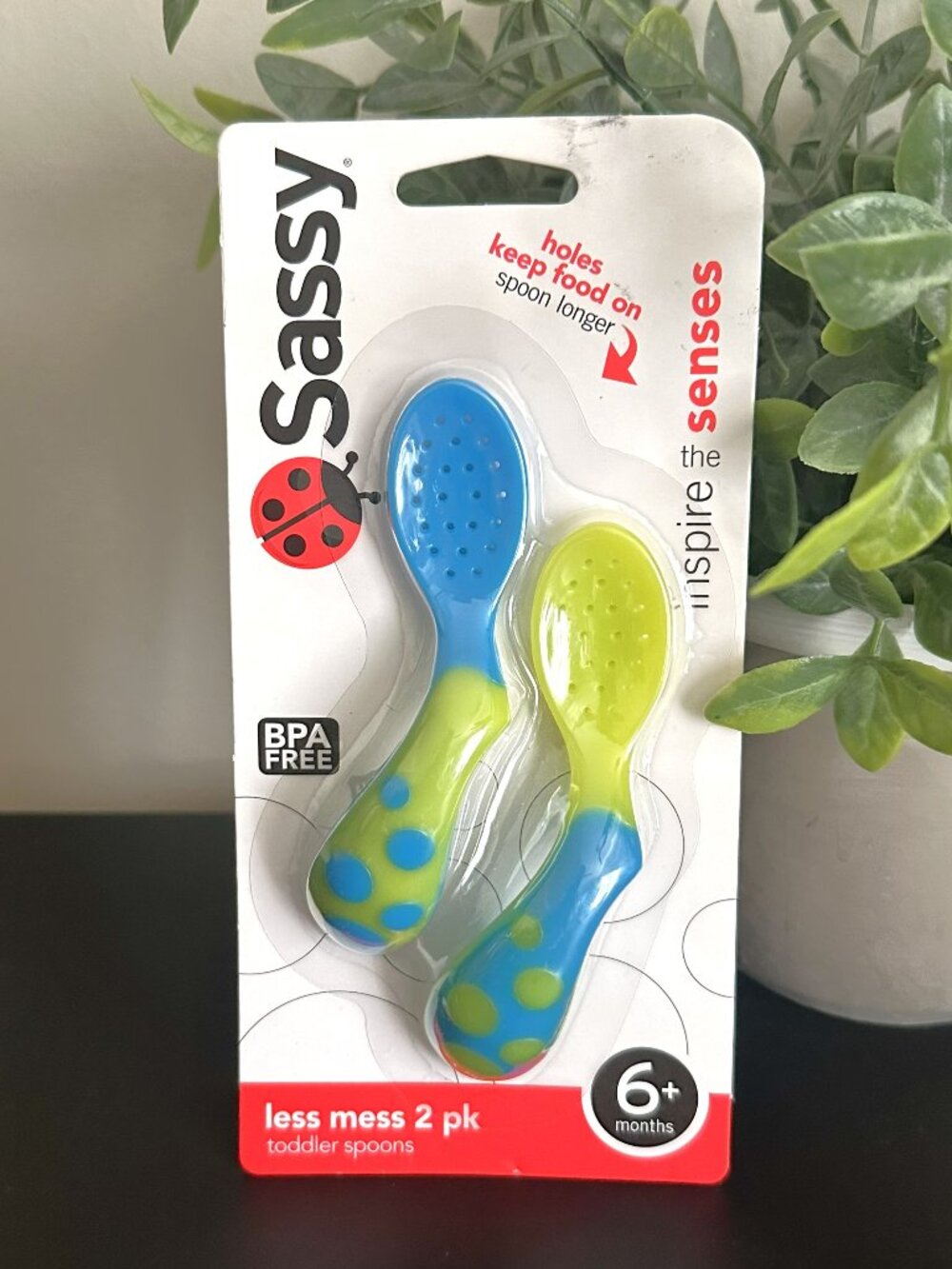 Sassy LESS MESS Angled Toddler Spoons 2 Pack Blue Green Polka Dot BPA Free 2012